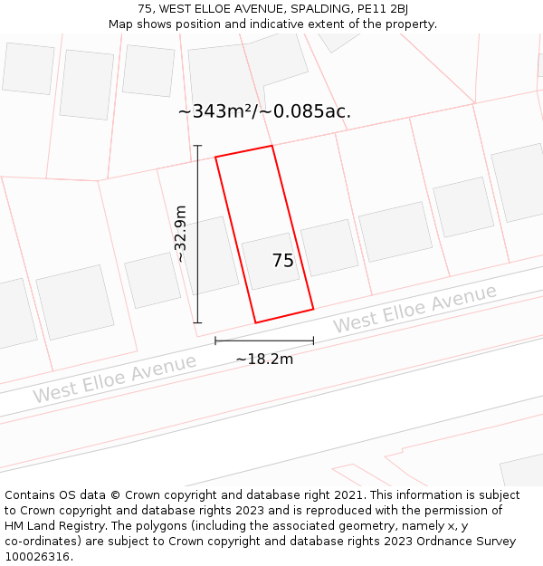 75, WEST ELLOE AVENUE, SPALDING, PE11 2BJ: Plot and title map