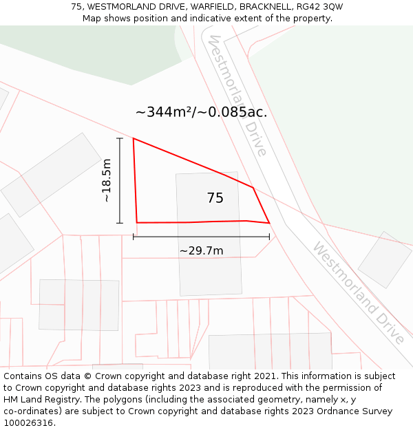 75, WESTMORLAND DRIVE, WARFIELD, BRACKNELL, RG42 3QW: Plot and title map