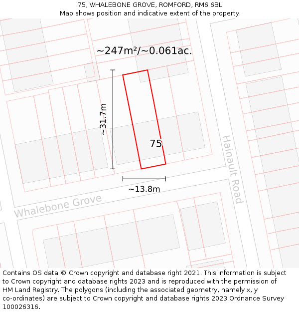 75, WHALEBONE GROVE, ROMFORD, RM6 6BL: Plot and title map