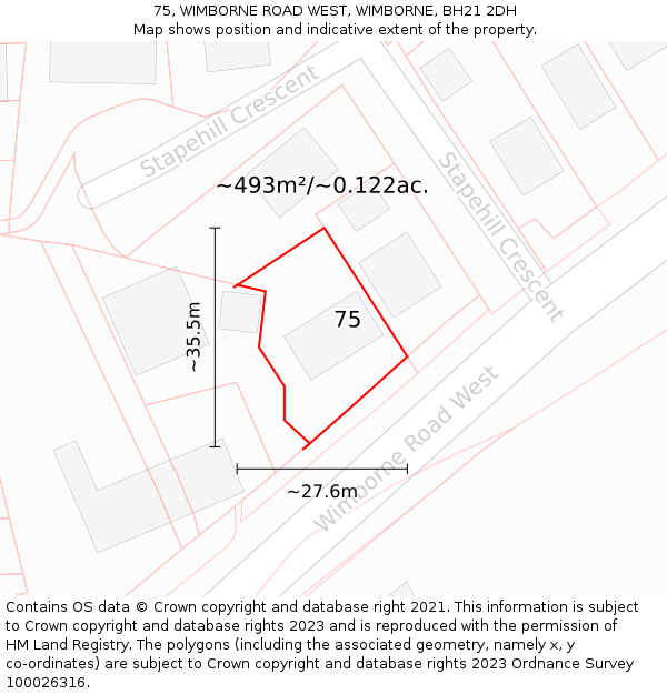 75, WIMBORNE ROAD WEST, WIMBORNE, BH21 2DH: Plot and title map