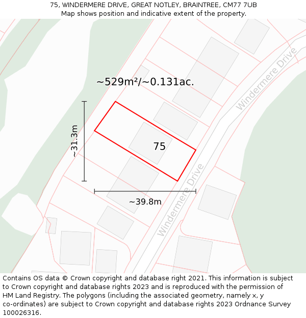 75, WINDERMERE DRIVE, GREAT NOTLEY, BRAINTREE, CM77 7UB: Plot and title map