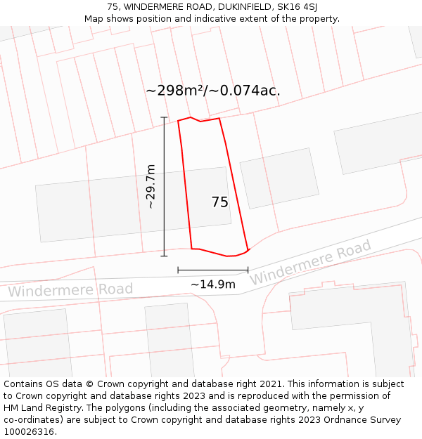 75, WINDERMERE ROAD, DUKINFIELD, SK16 4SJ: Plot and title map