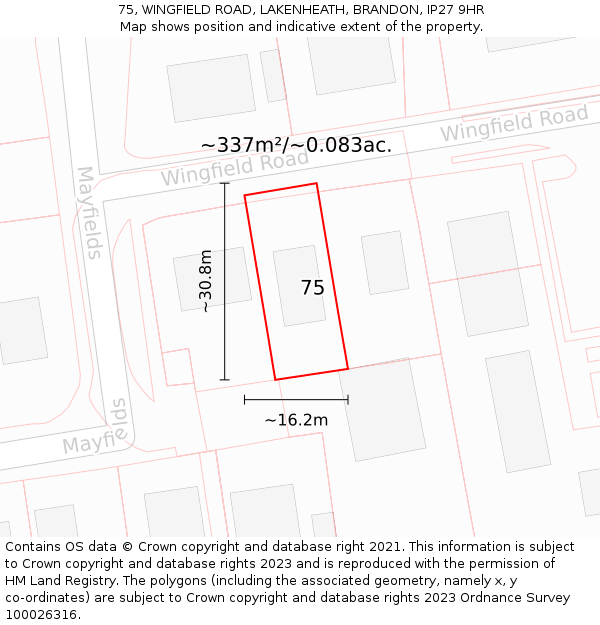 75, WINGFIELD ROAD, LAKENHEATH, BRANDON, IP27 9HR: Plot and title map