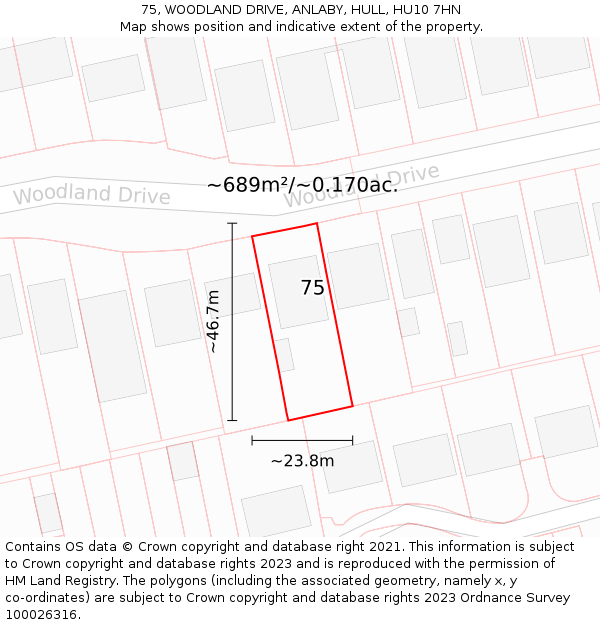 75, WOODLAND DRIVE, ANLABY, HULL, HU10 7HN: Plot and title map