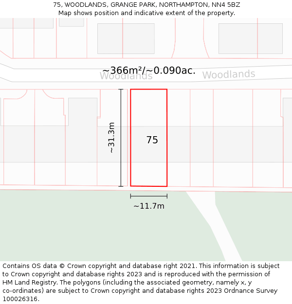 75, WOODLANDS, GRANGE PARK, NORTHAMPTON, NN4 5BZ: Plot and title map