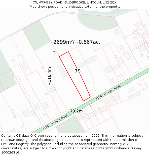 75, WRAGBY ROAD, SUDBROOKE, LINCOLN, LN2 2QX: Plot and title map