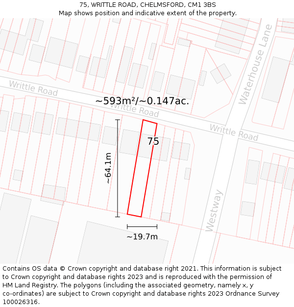 75, WRITTLE ROAD, CHELMSFORD, CM1 3BS: Plot and title map