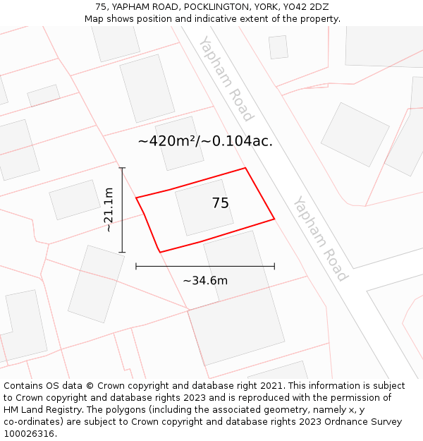 75, YAPHAM ROAD, POCKLINGTON, YORK, YO42 2DZ: Plot and title map