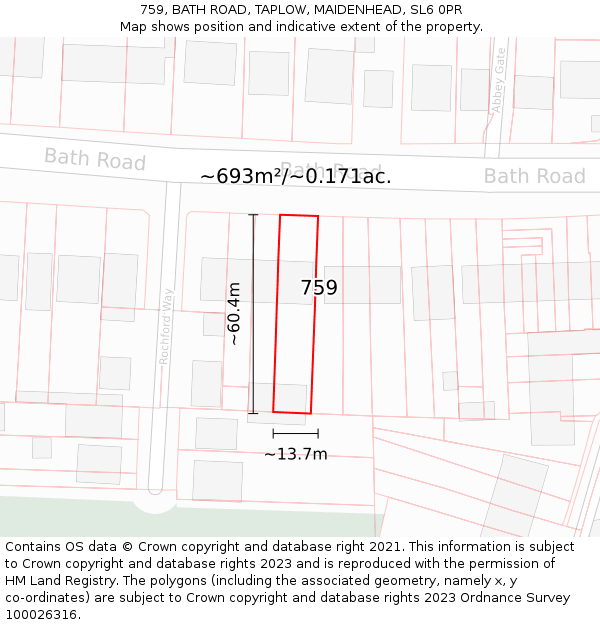 759, BATH ROAD, TAPLOW, MAIDENHEAD, SL6 0PR: Plot and title map