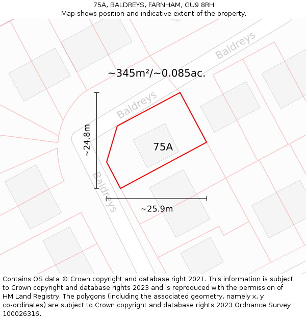 75A, BALDREYS, FARNHAM, GU9 8RH: Plot and title map