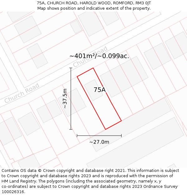 75A, CHURCH ROAD, HAROLD WOOD, ROMFORD, RM3 0JT: Plot and title map