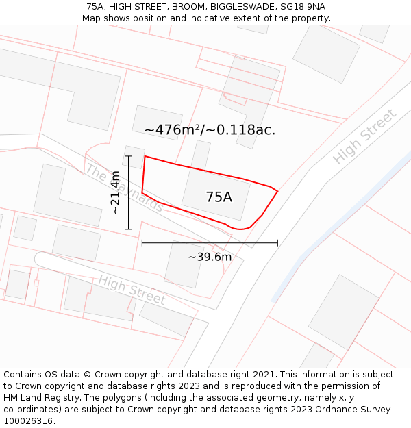 75A, HIGH STREET, BROOM, BIGGLESWADE, SG18 9NA: Plot and title map