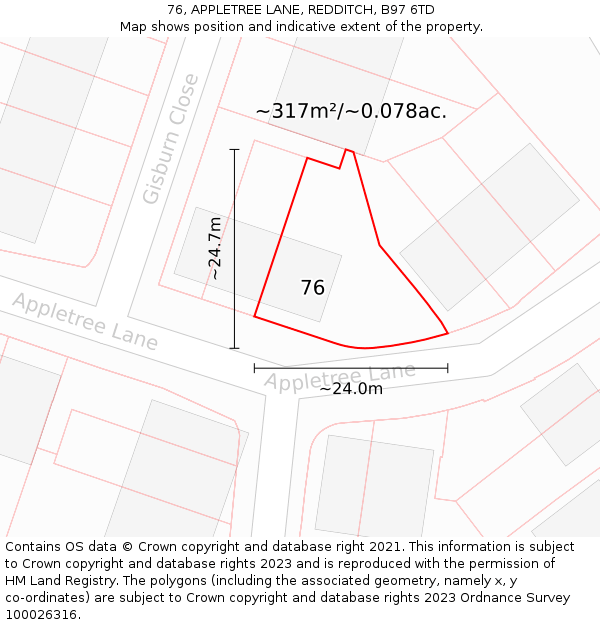 76, APPLETREE LANE, REDDITCH, B97 6TD: Plot and title map