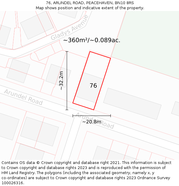 76, ARUNDEL ROAD, PEACEHAVEN, BN10 8RS: Plot and title map