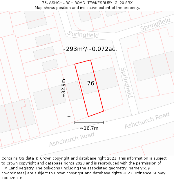 76, ASHCHURCH ROAD, TEWKESBURY, GL20 8BX: Plot and title map