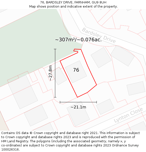 76, BARDSLEY DRIVE, FARNHAM, GU9 8UH: Plot and title map