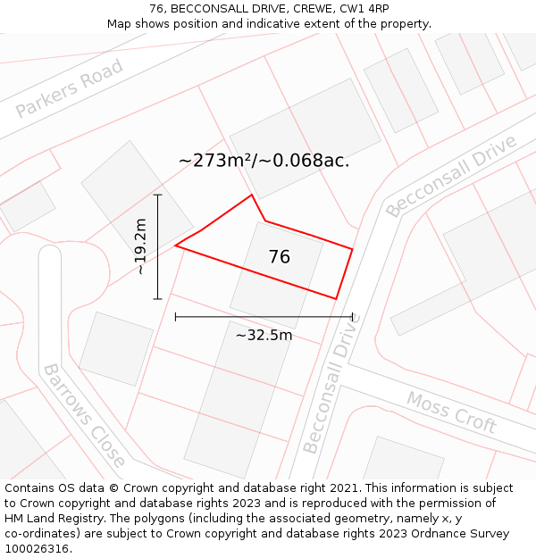 76, BECCONSALL DRIVE, CREWE, CW1 4RP: Plot and title map