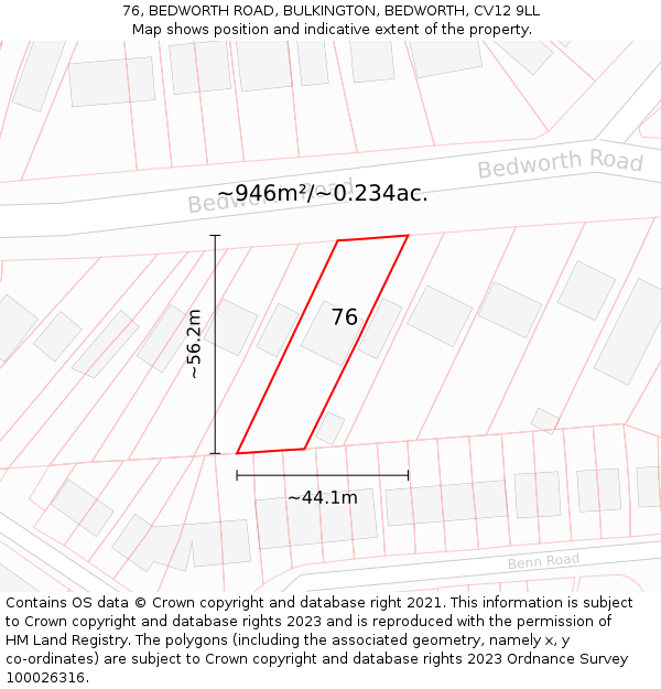 76, BEDWORTH ROAD, BULKINGTON, BEDWORTH, CV12 9LL: Plot and title map