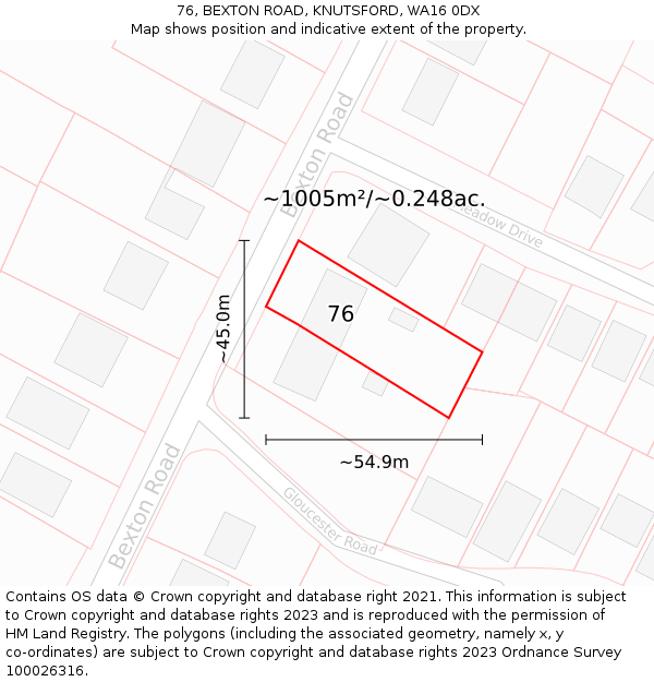 76, BEXTON ROAD, KNUTSFORD, WA16 0DX: Plot and title map