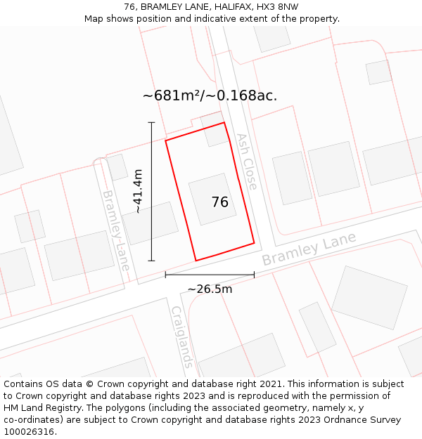 76, BRAMLEY LANE, HALIFAX, HX3 8NW: Plot and title map