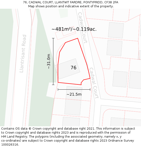 76, CADWAL COURT, LLANTWIT FARDRE, PONTYPRIDD, CF38 2FA: Plot and title map