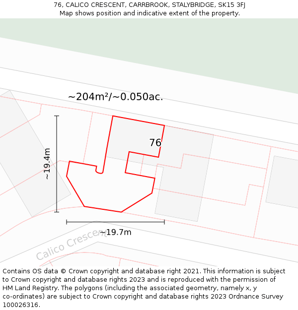 76, CALICO CRESCENT, CARRBROOK, STALYBRIDGE, SK15 3FJ: Plot and title map