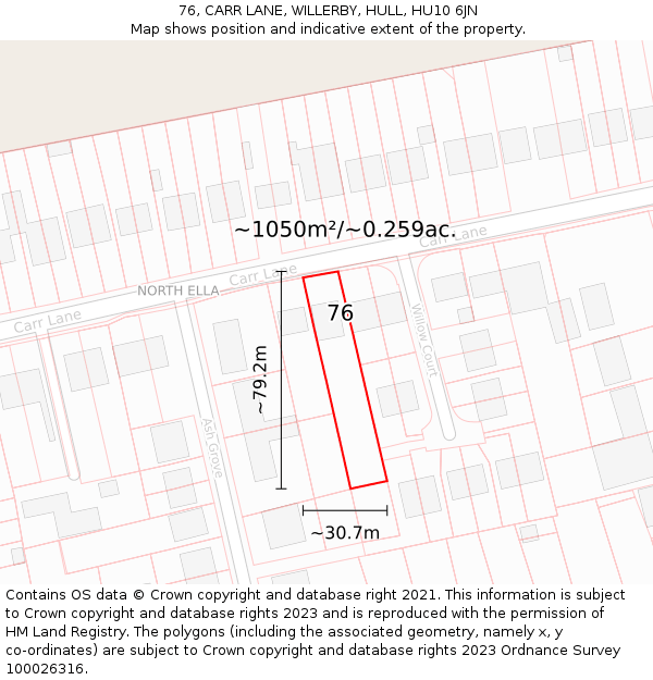 76, CARR LANE, WILLERBY, HULL, HU10 6JN: Plot and title map