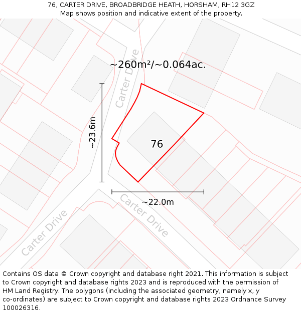 76, CARTER DRIVE, BROADBRIDGE HEATH, HORSHAM, RH12 3GZ: Plot and title map