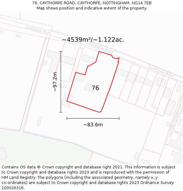 76, CAYTHORPE ROAD, CAYTHORPE, NOTTINGHAM, NG14 7EB: Plot and title map