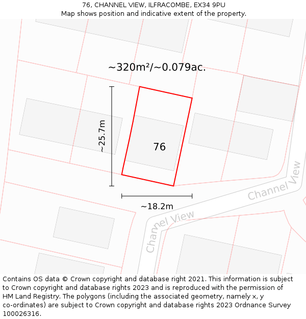 76, CHANNEL VIEW, ILFRACOMBE, EX34 9PU: Plot and title map