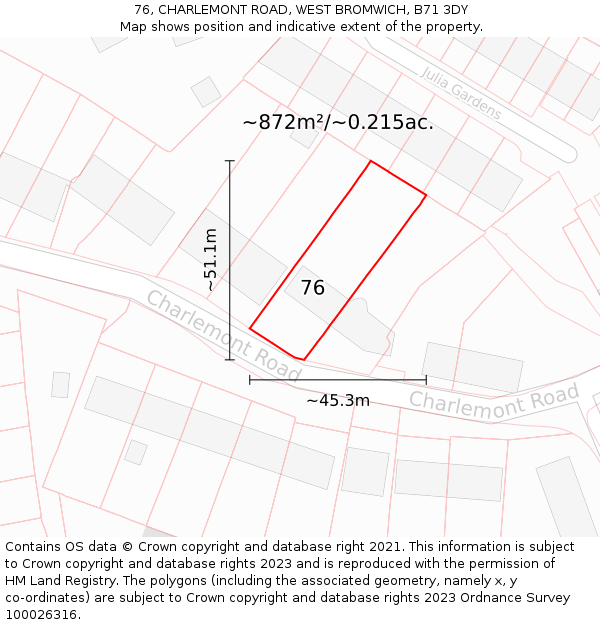 76, CHARLEMONT ROAD, WEST BROMWICH, B71 3DY: Plot and title map