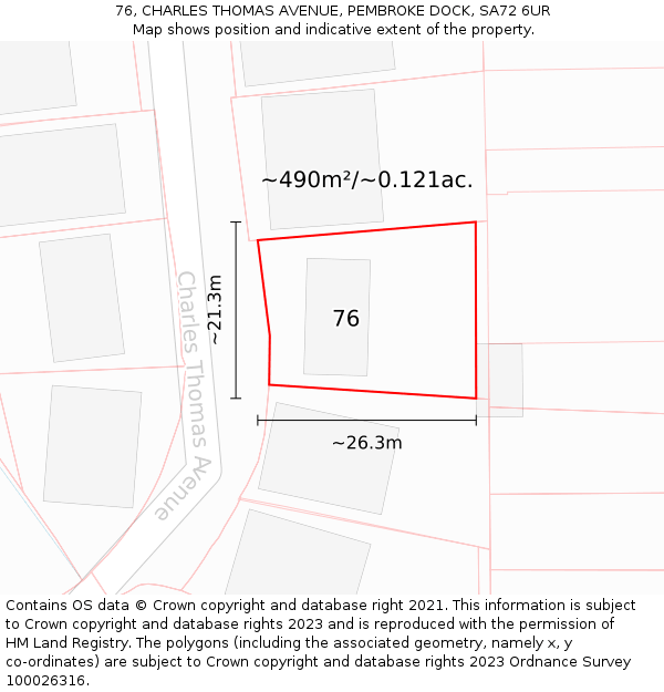 76, CHARLES THOMAS AVENUE, PEMBROKE DOCK, SA72 6UR: Plot and title map