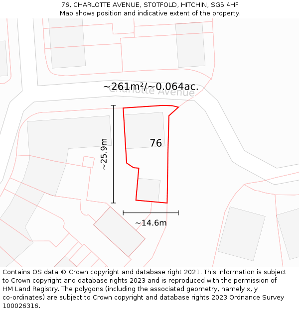 76, CHARLOTTE AVENUE, STOTFOLD, HITCHIN, SG5 4HF: Plot and title map