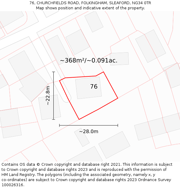 76, CHURCHFIELDS ROAD, FOLKINGHAM, SLEAFORD, NG34 0TR: Plot and title map