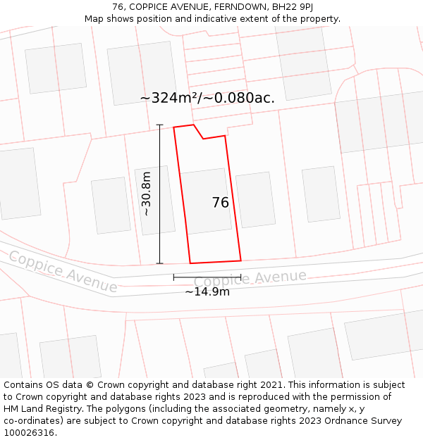 76, COPPICE AVENUE, FERNDOWN, BH22 9PJ: Plot and title map