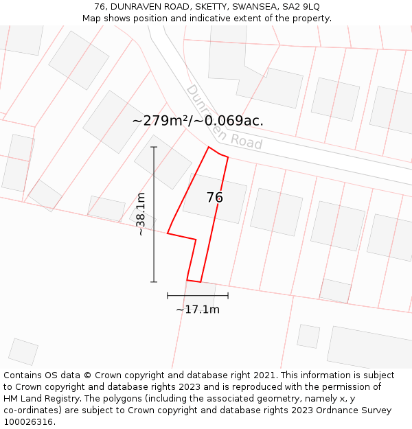 76, DUNRAVEN ROAD, SKETTY, SWANSEA, SA2 9LQ: Plot and title map