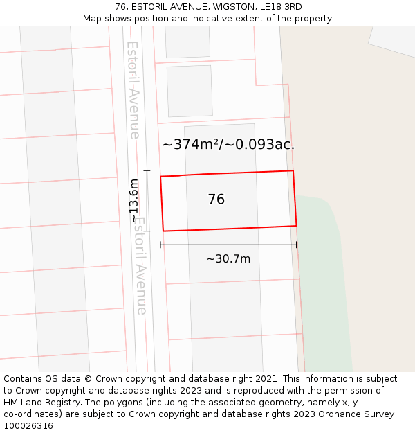 76, ESTORIL AVENUE, WIGSTON, LE18 3RD: Plot and title map