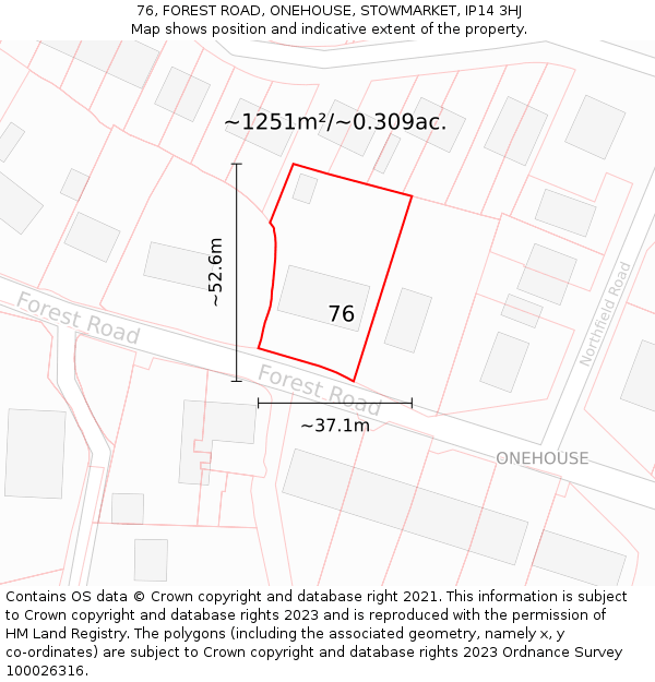 76, FOREST ROAD, ONEHOUSE, STOWMARKET, IP14 3HJ: Plot and title map
