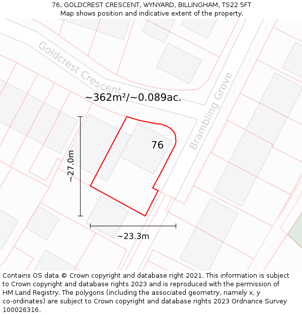 76, GOLDCREST CRESCENT, WYNYARD, BILLINGHAM, TS22 5FT: Plot and title map