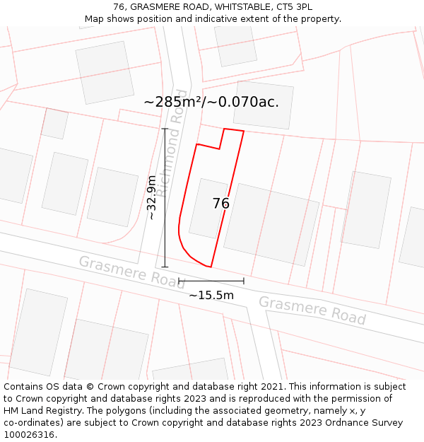 76, GRASMERE ROAD, WHITSTABLE, CT5 3PL: Plot and title map