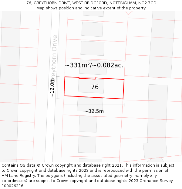 76, GREYTHORN DRIVE, WEST BRIDGFORD, NOTTINGHAM, NG2 7GD: Plot and title map