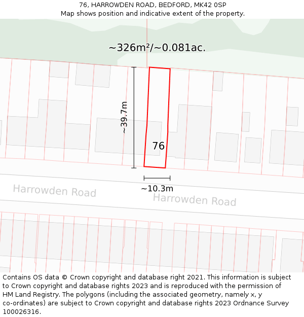 76, HARROWDEN ROAD, BEDFORD, MK42 0SP: Plot and title map