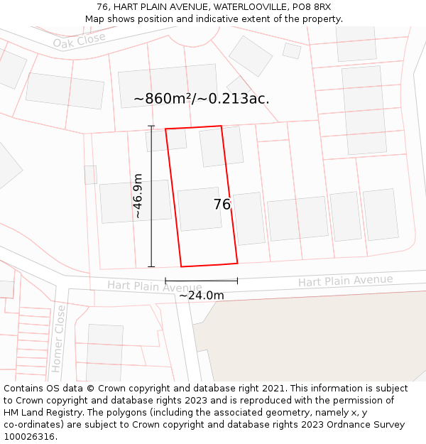 76, HART PLAIN AVENUE, WATERLOOVILLE, PO8 8RX: Plot and title map