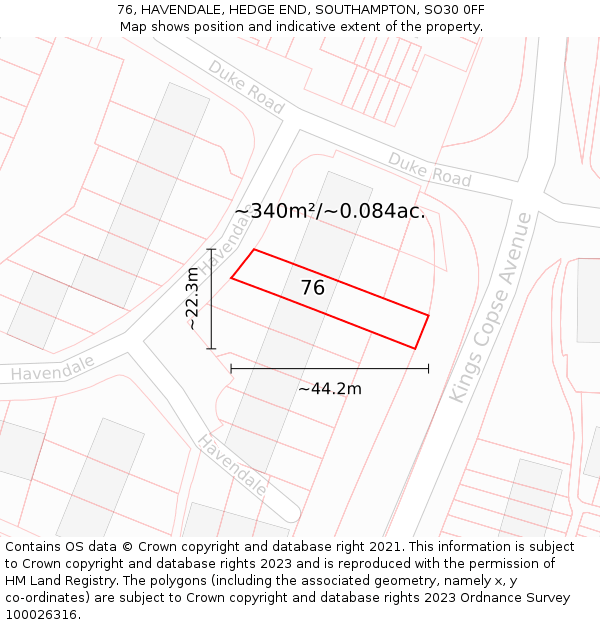 76, HAVENDALE, HEDGE END, SOUTHAMPTON, SO30 0FF: Plot and title map