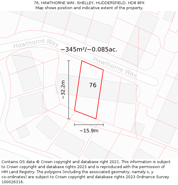 76, HAWTHORNE WAY, SHELLEY, HUDDERSFIELD, HD8 8PX: Plot and title map