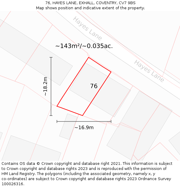 76, HAYES LANE, EXHALL, COVENTRY, CV7 9BS: Plot and title map