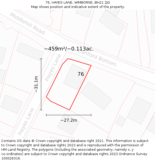 76, HAYES LANE, WIMBORNE, BH21 2JG: Plot and title map