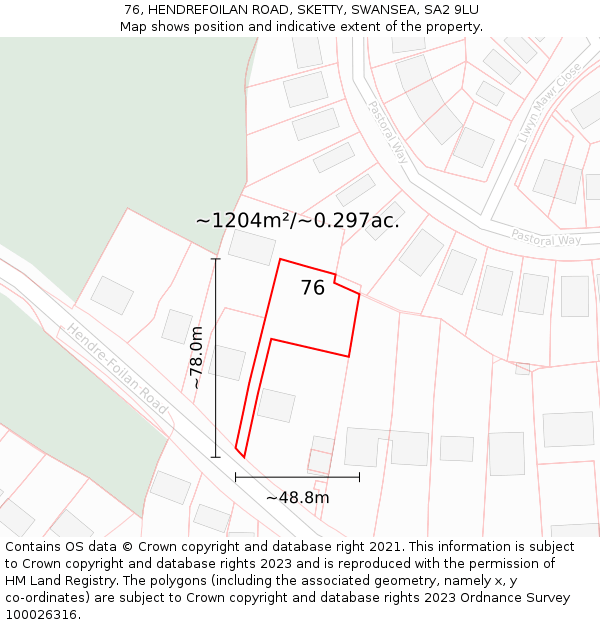 76, HENDREFOILAN ROAD, SKETTY, SWANSEA, SA2 9LU: Plot and title map