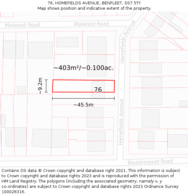 76, HOMEFIELDS AVENUE, BENFLEET, SS7 5TY: Plot and title map