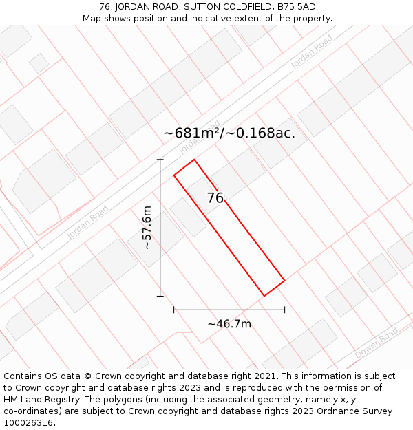 76, JORDAN ROAD, SUTTON COLDFIELD, B75 5AD: Plot and title map